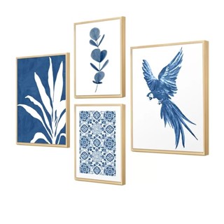 Kit 4 Quadros Decorativos Azul Papagaio Folhagens Abstrato