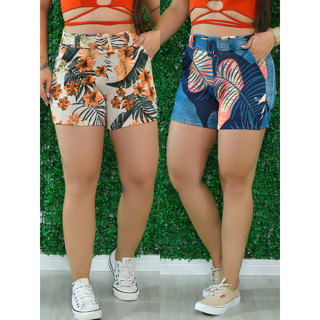 Kit 2 Short Feminino Floral Com Bolso Cinto Fake e Fivela Encapada no Crepe de Malha