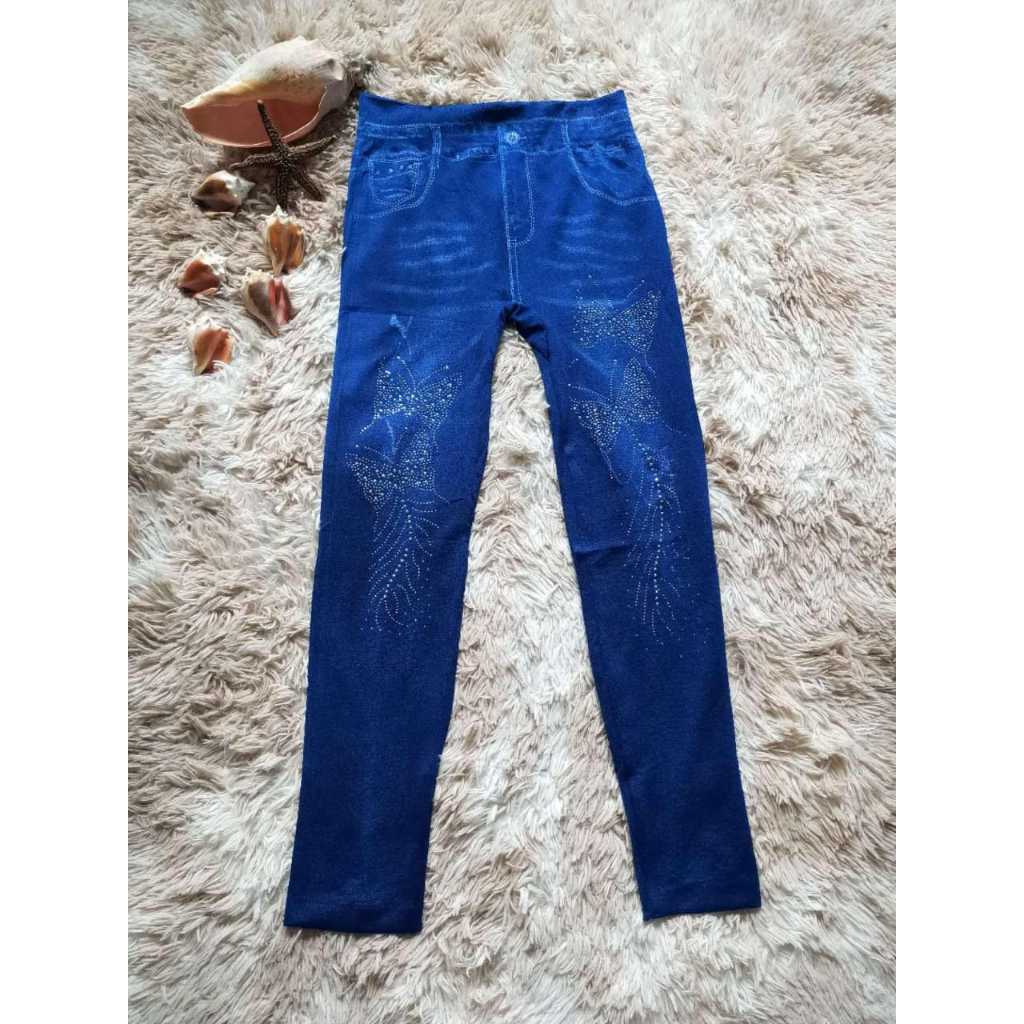 legging Jeans feminina ,Com pedraria de desenho  borboleta
