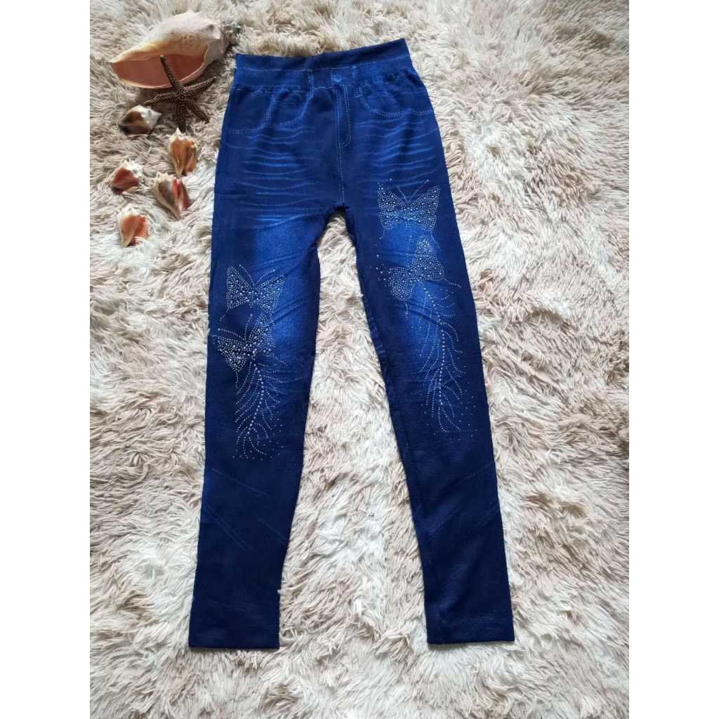 Detalhes do legging Jeans feminina ,Com pedraria de desenho  borboleta