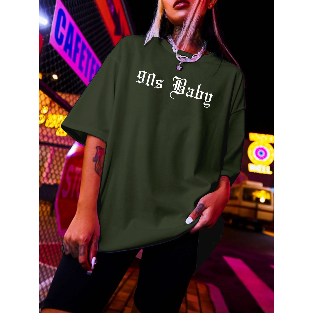 Camiseta Estamapada 90S Baby Oversized Colorida Verde Militar Oliva Streetwear  Tecido Confortavel Blu