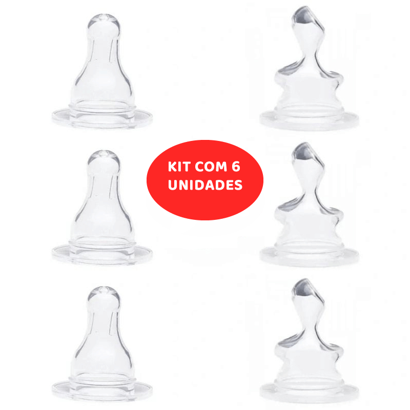 Kit com 6 Bicos de Mamadeira Redondo ou Ortodôntico 100% Silicone
