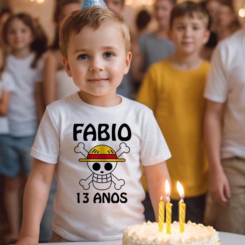 Camiseta Caveira One Piece Chapeu de Palha Luffy Seu Nome e Idade Desenhos Menina e Menino