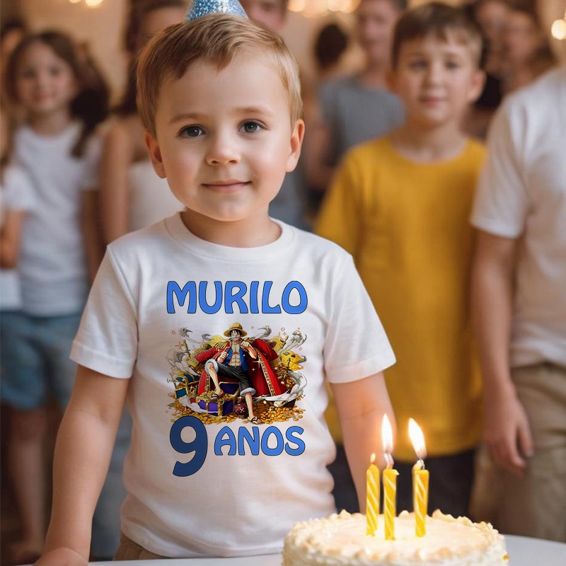 Camiseta Luffy One Piece Chapeu de Palha Seu Nome e Idade Desenhos Menina e Menino Aniversário
