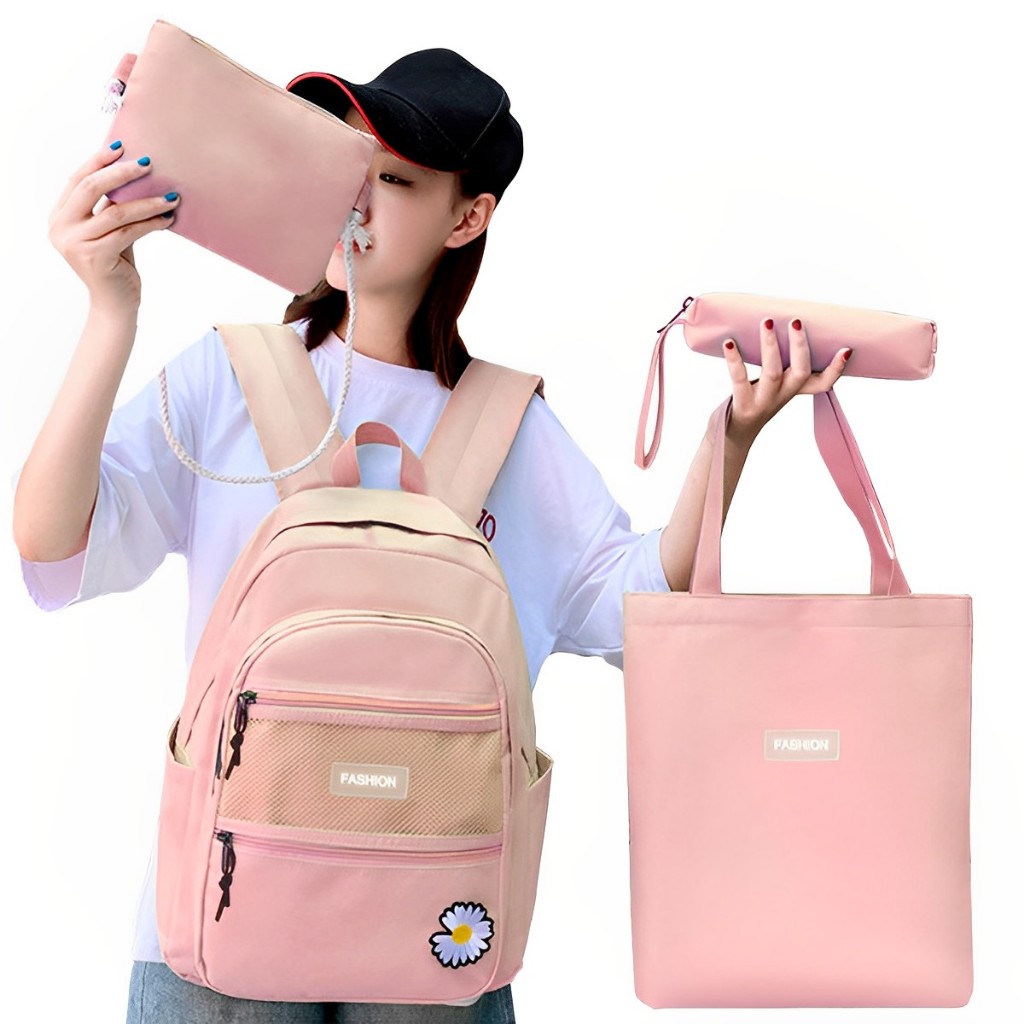 Kit Mochila Feminina Escolar 4 Peças Bolsa Pequena Bolsa Sacola Estojo Margarida Material Resistente