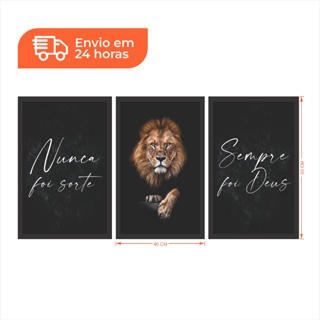 Quadro Mosaico 3 Peças Leão de Judá Religioso Nunca foi Sorte Sempre foi Deus