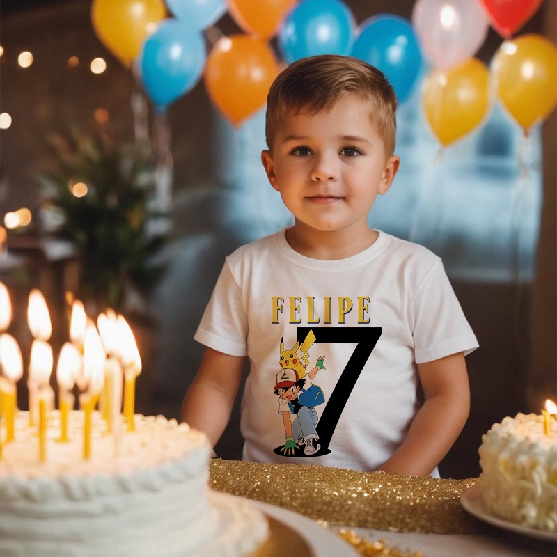 Camiseta Pokemon Pikachu e Ash Personalizada Seu Nome e Idade Desenhos Menina e Menino Aniversário