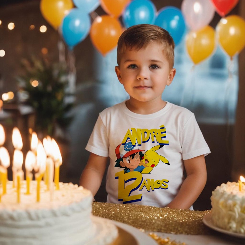 Camiseta Personalizada Pokemon Pikachu Ash Seu Nome e Idade Desenhos Menina e Menino Aniversário