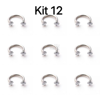 Kit 12 Piercing Ferradura Zircônia Redonda Aço Septo, Helix, Daith, Septo, Mamilo