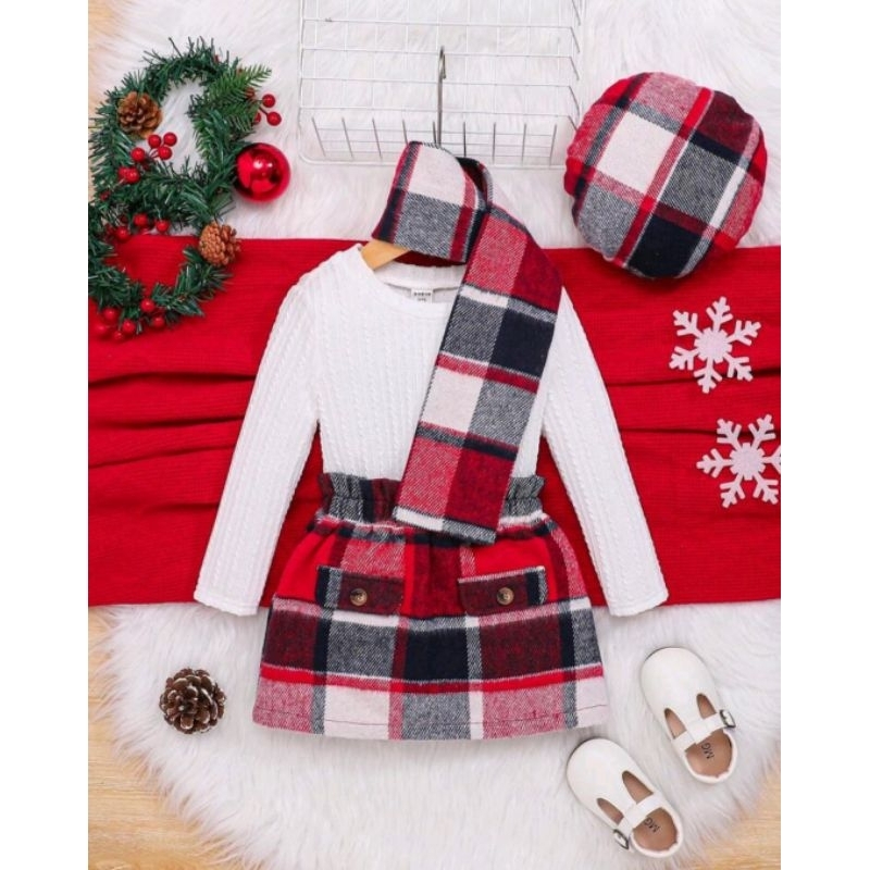 Conjunto infantil xadrez 4 peças blusa canelada Saia flanelada boina e cachecol inverno elegante