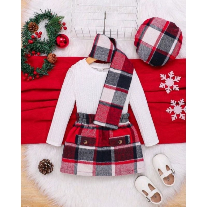 Conjunto infantil xadrez 4 peças blusa canelada Saia flanelada boina e cachecol inverno elegante