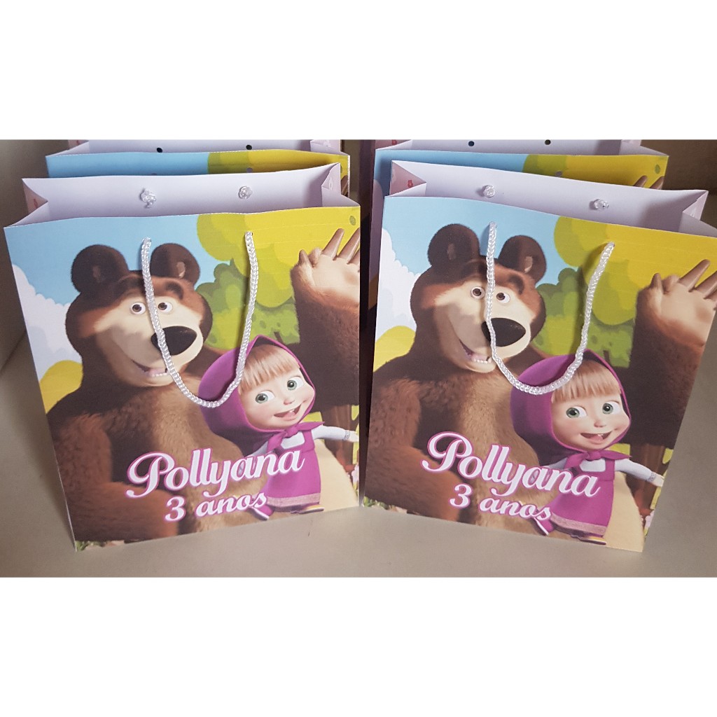 Sacolinhas de Papel Personalizadas Masha e o Urso (papel 150g offset fosco)