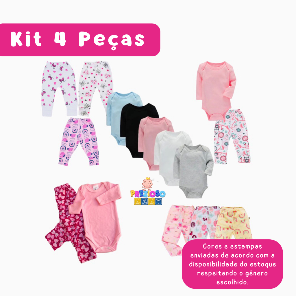 Kit 4 Peças Bebê 2 Body Manga Longa ou Curta 2 Calças Menina reborn fantasia prematuro ao G