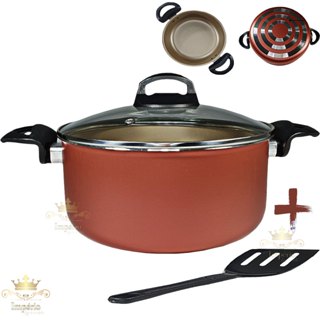 Panela Caçarola Grande 24 cm com Tampa de Vidro Com Espátula Antiaderente 5 Camadas De Teflon Cor Cereja Gold Dourada Cobre Panela Avulsa Grande Com Utensilio