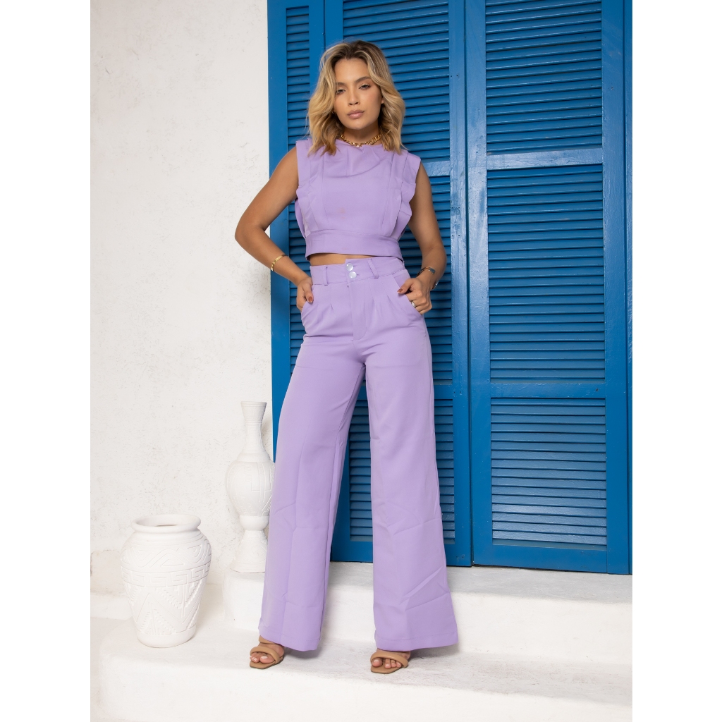 CONJUNTO CROPPED E CALÇA FLARE EM ALFAIATARIA. CON-036 em Oferta na Shopee