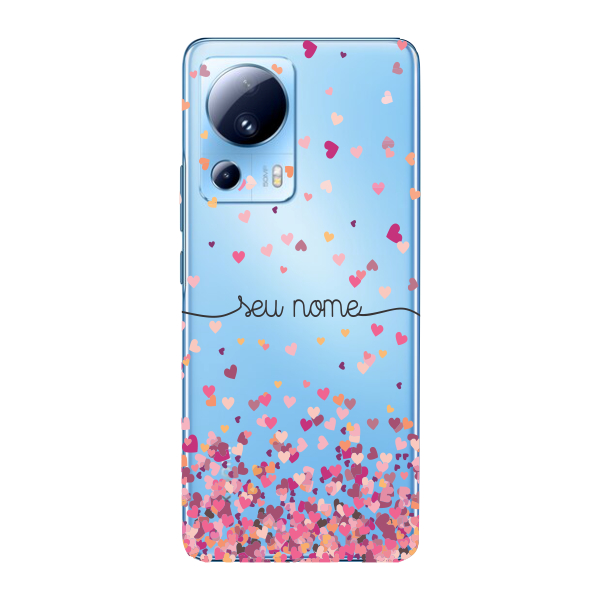 Capinha para Xiaomi 13 lite Anti Impacto Personalizada - Chuva de corações rosa com nome