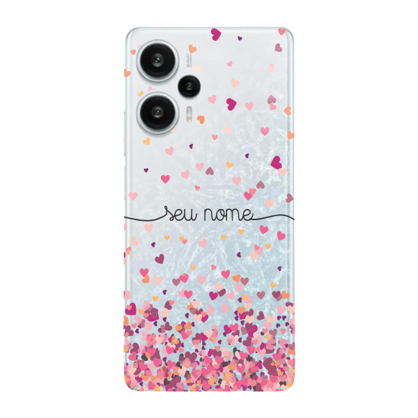 Capinha para Xiaomi Poco F5 Anti Impacto Personalizada - Chuva de corações rosa com nome