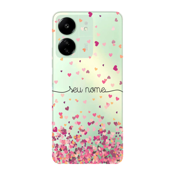 Capinha para Xiaomi RedMi 13c Anti Impacto Personalizada - Chuva de corações rosa com nome em Oferta na Shopee