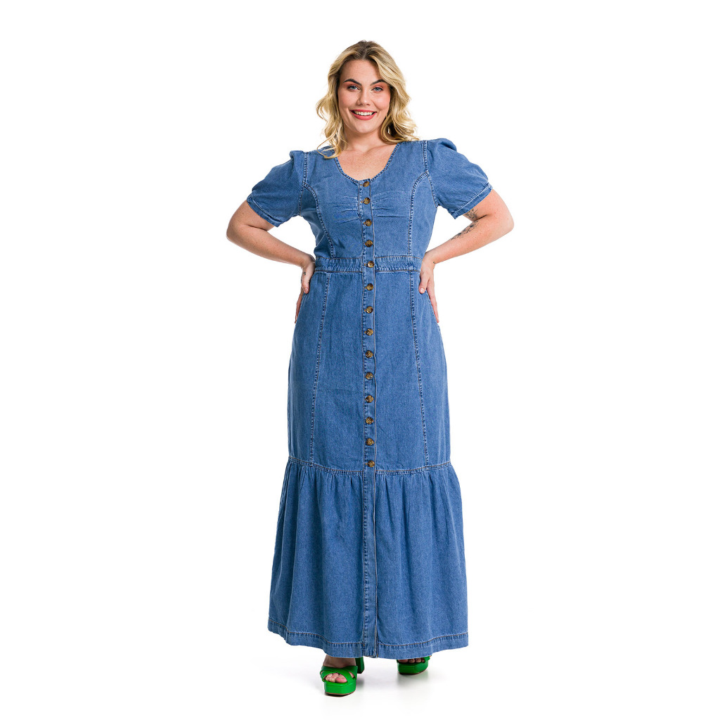 Vestido Longo Plus Size Evangélico Com Manga Jeans