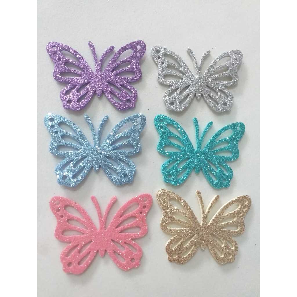 Borboleta Vazada Eva Glitter (emborrachado com brilho) 4,5 Cm Aplique para Bolo Fake 40 e 80 Unidades
