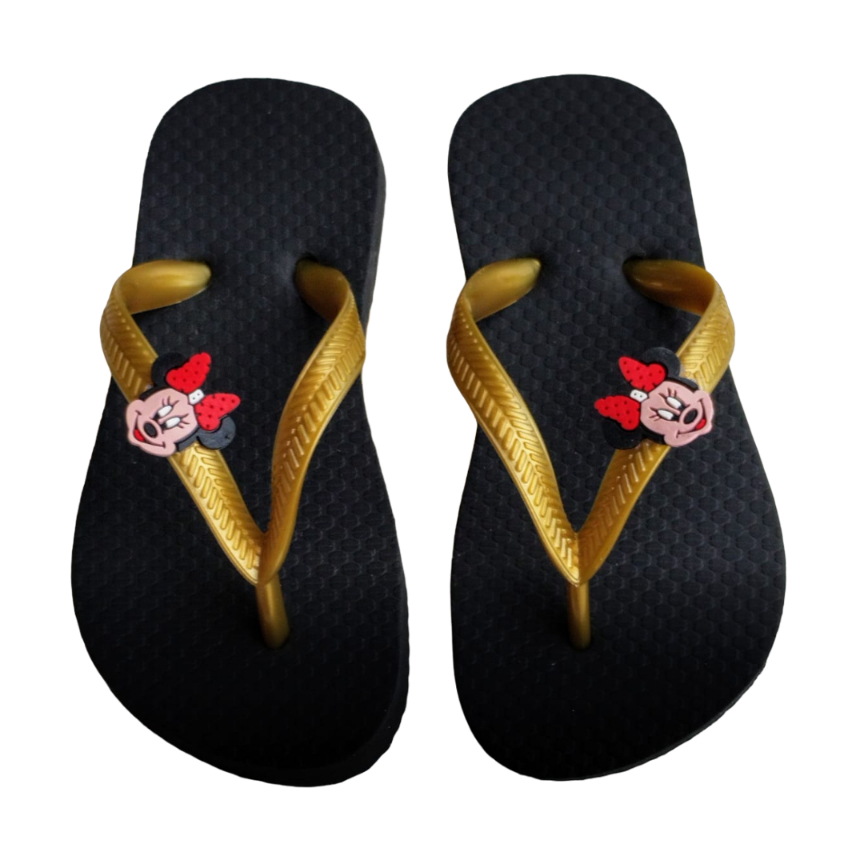 Chinelo Preto e Dourado Infantil Minnie Mouse Tira Slim Desenho Animado Menina Feminino