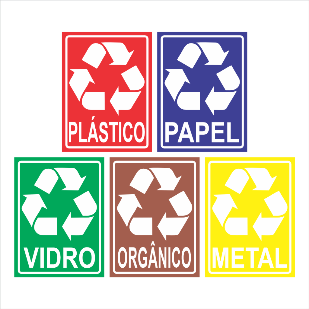 Kit 5 Adesivos Lixeira Coleta Seletiva Plástico Vidro Papel Metal E Orgânico 15x20cm