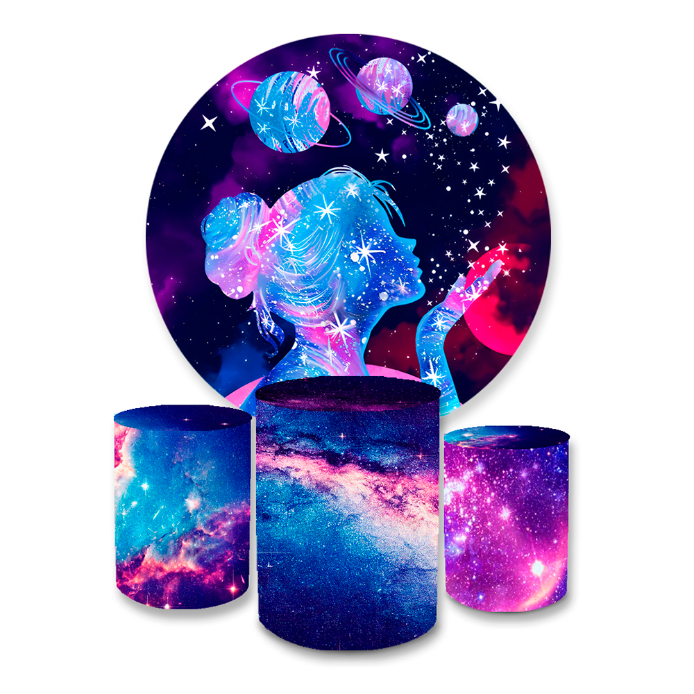 Trio Capa Cilindro Veste Fácil C/ Elástico + Painel Redondo Sublimado Menina Universo Espaço em Oferta na Shopee