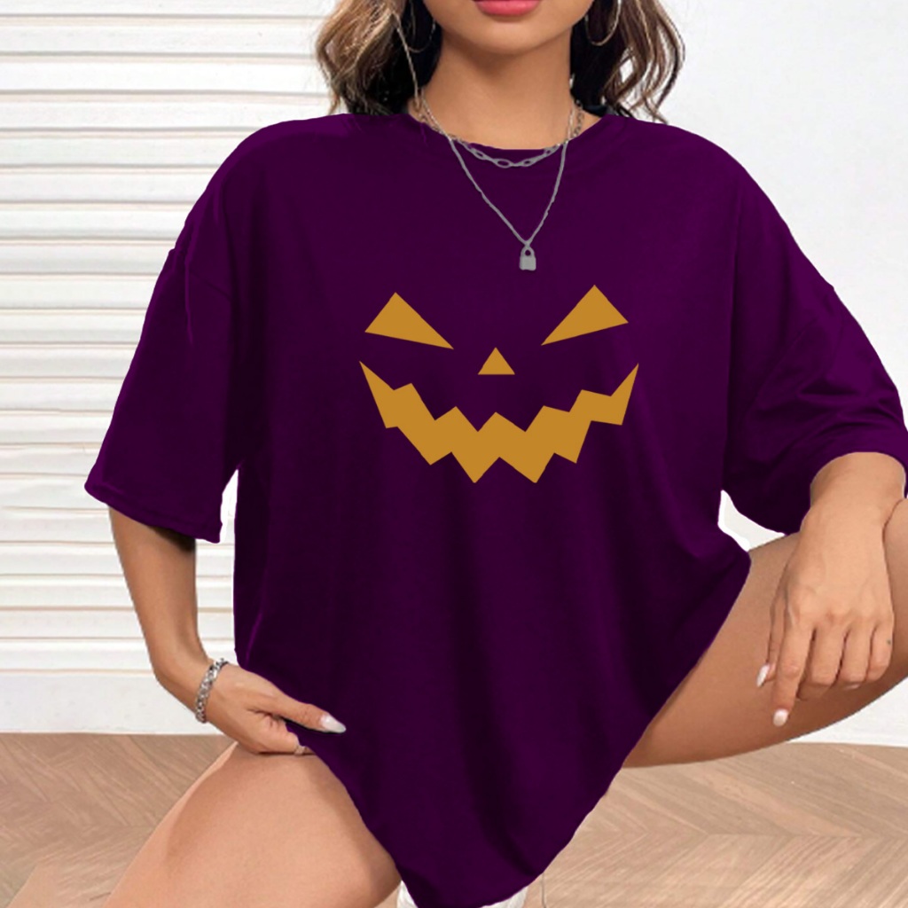 Camiseta Oversized Unissex Estilo Skatista Hip-Hop Estampada Abóbora Festa Halloween Blusa Streetwe