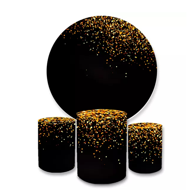 Trio Capa Cilindro Veste Fácil C/ Elástico + Painel Redondo Sublimado Glitter Dourado com Preto