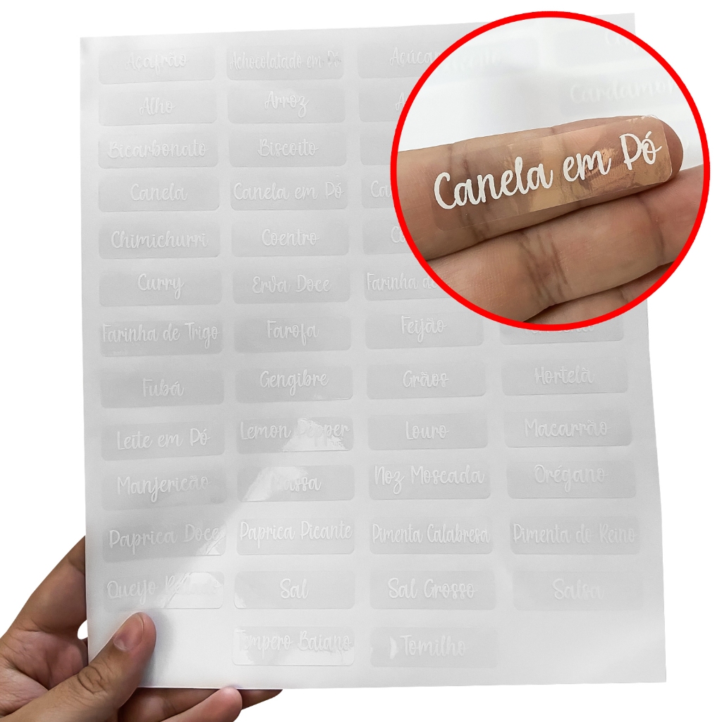 50 Adesivos Para Pote Organizador Tempero Mantimento Condimento Fundo Transparente Retangular Escrito Branco 5x1,43cm