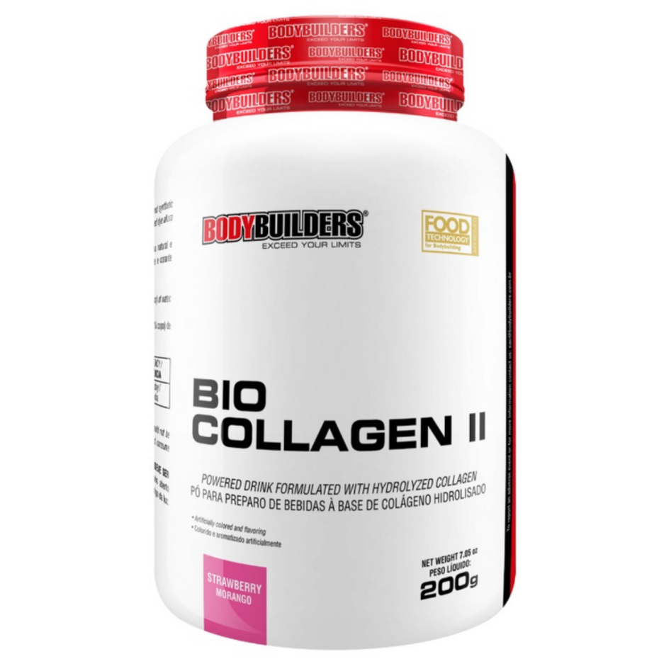 Colágeno Hidrolisado em Pó Bio Collagen II 200g Sabor Morango - Ajuda a Revitalizar a Aparência e a Saúde - Bodybuilders