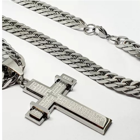 Cordão Grosso Crucifixo + Pingente 60 cm Grande Masculino 6 mm Prateado Aço Inox