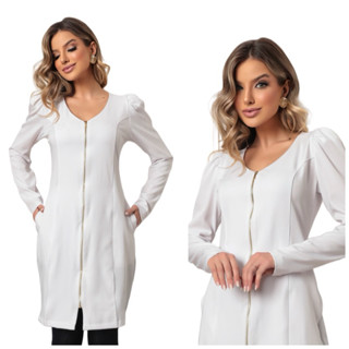 Jaleco Feminino Decote V com ziper manga bufante elastano Gabardine Branco Sweet