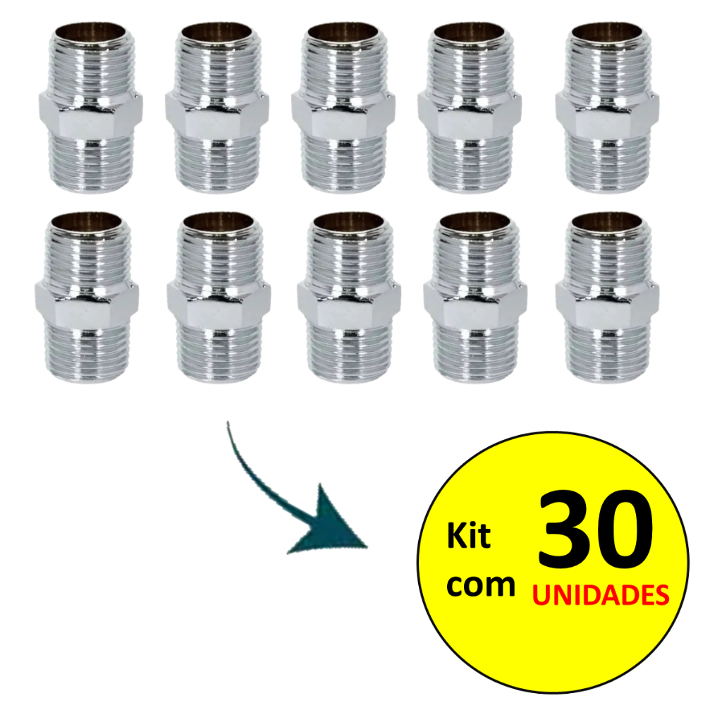 Kit 30 Unidades Nipel Niple Adaptador Conector Rosca Macho 1/2x1/2 duplo Sextavado Inox 304 Metal Cromado