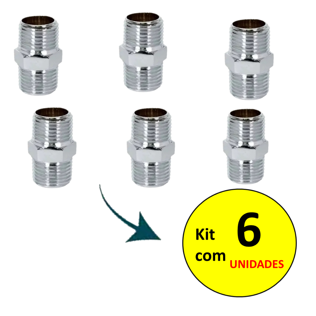 Nipel Niple Adaptador Conector Rosca Macho 1/2x1/2 duplo Sextavado Inox 304 Metal Cromado kit 06 Unidades