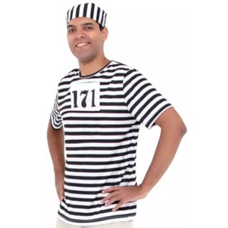 Fantasia Presidiário Camisa + Boina Kit Cosplay Bandido Ladrão Adulto Carnaval Festa Camisa Presidiário