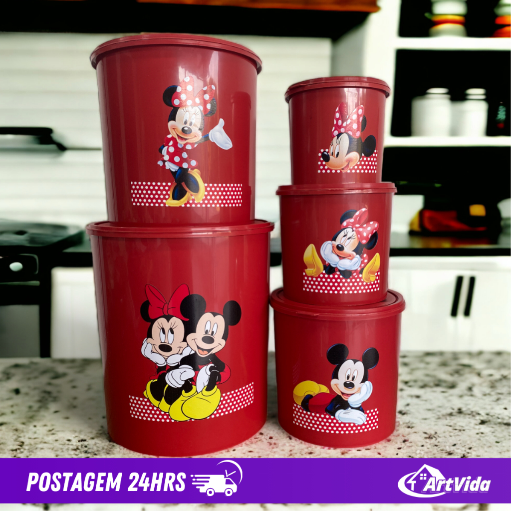 Jogo de 5 Potes de Mantimentos Decorado Mickey Minnie Disney - Feitos de Plástico Resistente - Cores Preto, Branco e Vermelho - Design Hermético que Veda Bem - Qualidade Superior para Armazenar Alimentos com Segurança e Estilo na sua Cozinha