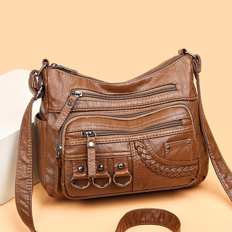 Bolsa Feminina Transversal Vintage De Couro Pu Macio Média Multipla Divisória