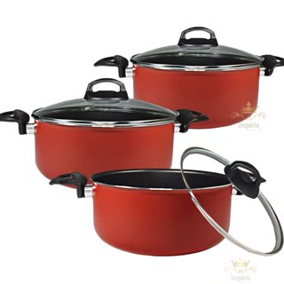 Kit 3 Panelas Caçarolas 16 18 20cm 5 Camadas Antiaderente Teflon Vermelho Preto Grafite Com Tampa De Vidro Grossa em Oferta na Shopee