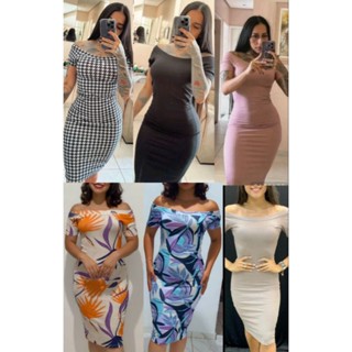 kit 3 vestidos midi tubinho ombro a ombro