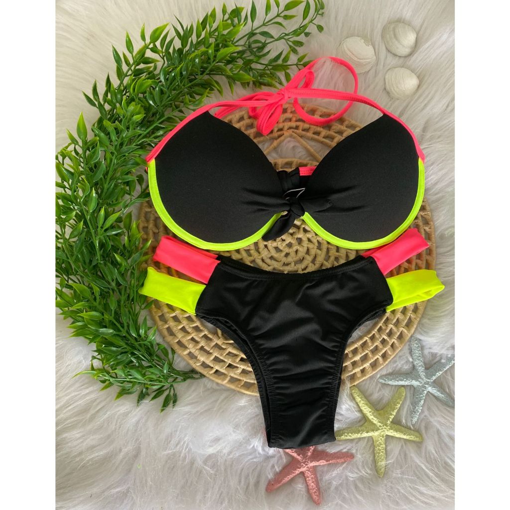 BIQUINI MEIA TAÇA PRETO COM TIRAS AMARELAS FLUOR E PINK FLUOR