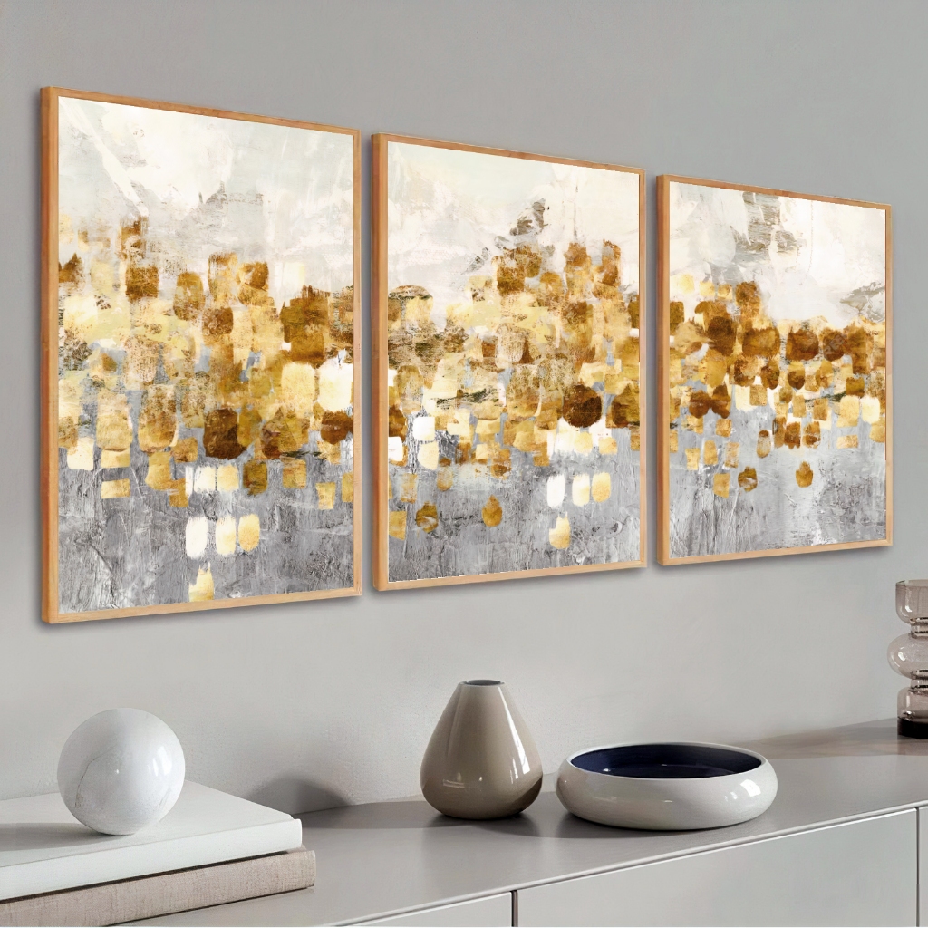 Kit 3 Quadros Decorativos Abstrato Moldura Sala Quarto Escritório 40x60 Dourado Grande