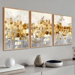Kit 3 Quadros Decorativos Abstrato Moldura Sala Quarto Escritório 40x60 Dourado Grande