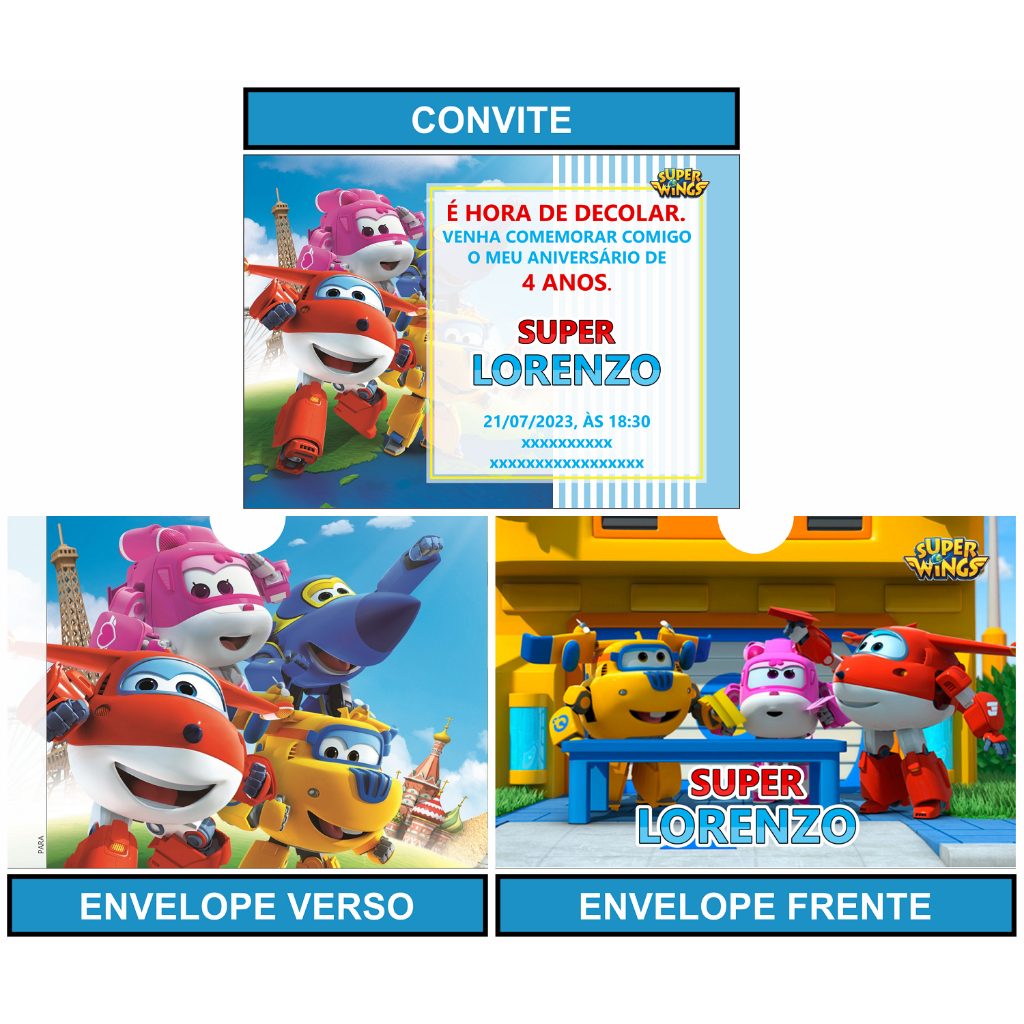 Convite Super Wings Mais Envelopes Super Wings Personalizados