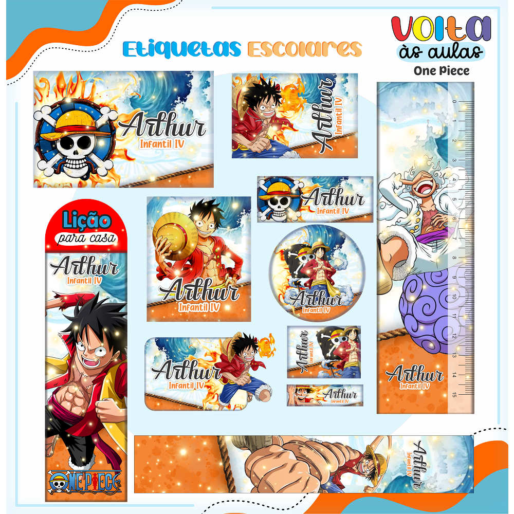 ETIQUETAS ESCOLARES PERSONALIZADAS TEMA ONE PIECE em Oferta na Shopee
