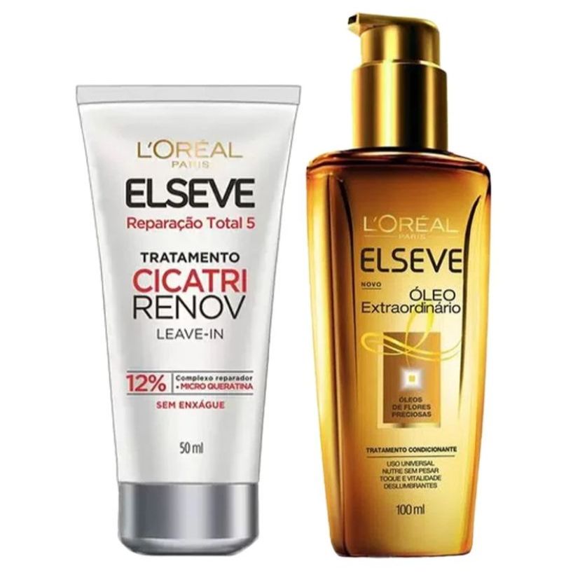 Kit de produtos de cuidados capilares L'Oréal Paris: tubo branco Elseve Cicatri Renov 50ml com rótulo em preto e vermelho, e garrafa dourada OLEO Extraordinario 100ml com bomba dourada