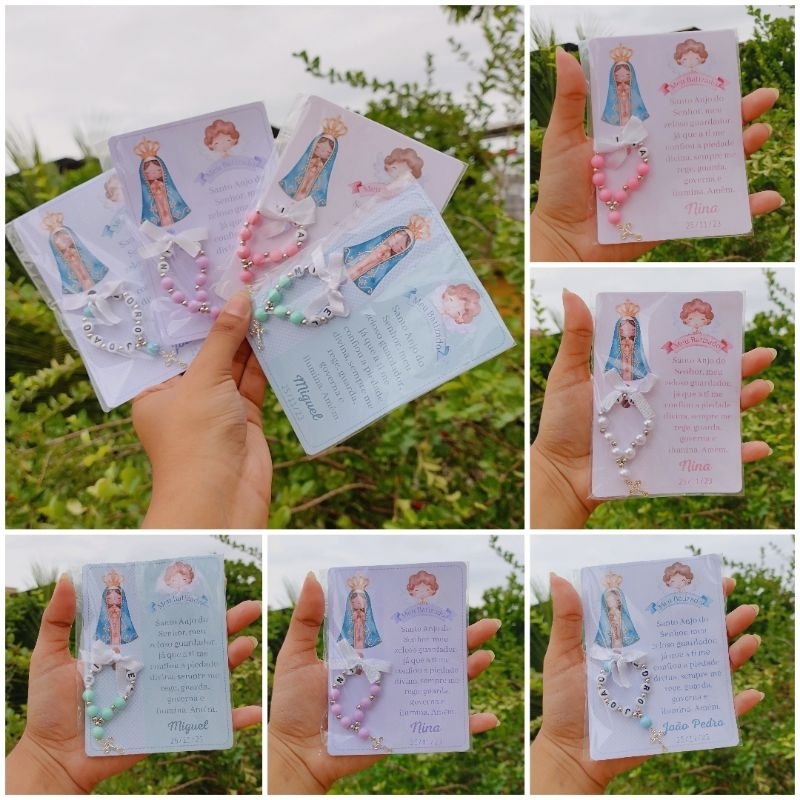 Mini terço personalizado para lembrancinhas de batizado com cartãozinho personalizado com nome e data do batizado