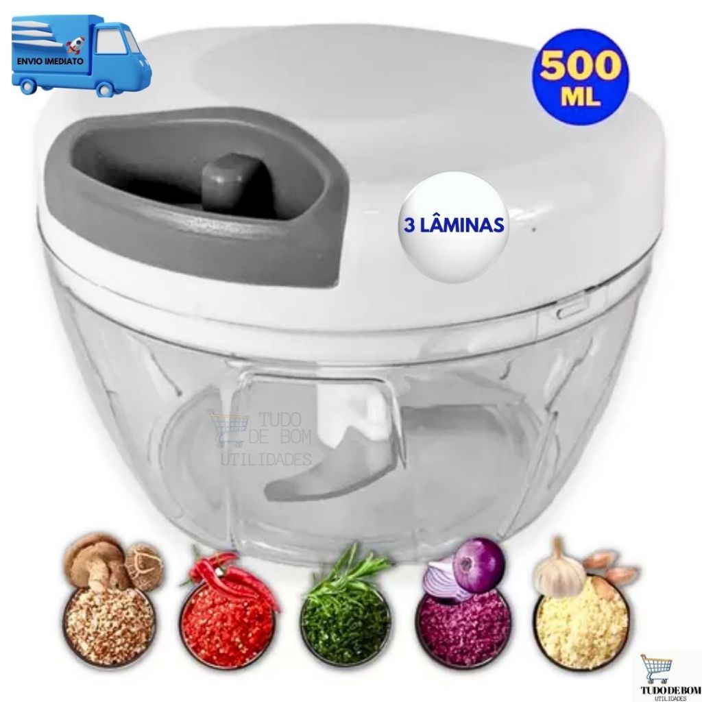 Processador de Alimentos Manual 3 Lâminas em Aço Inox 500 ML Triturador de Alho