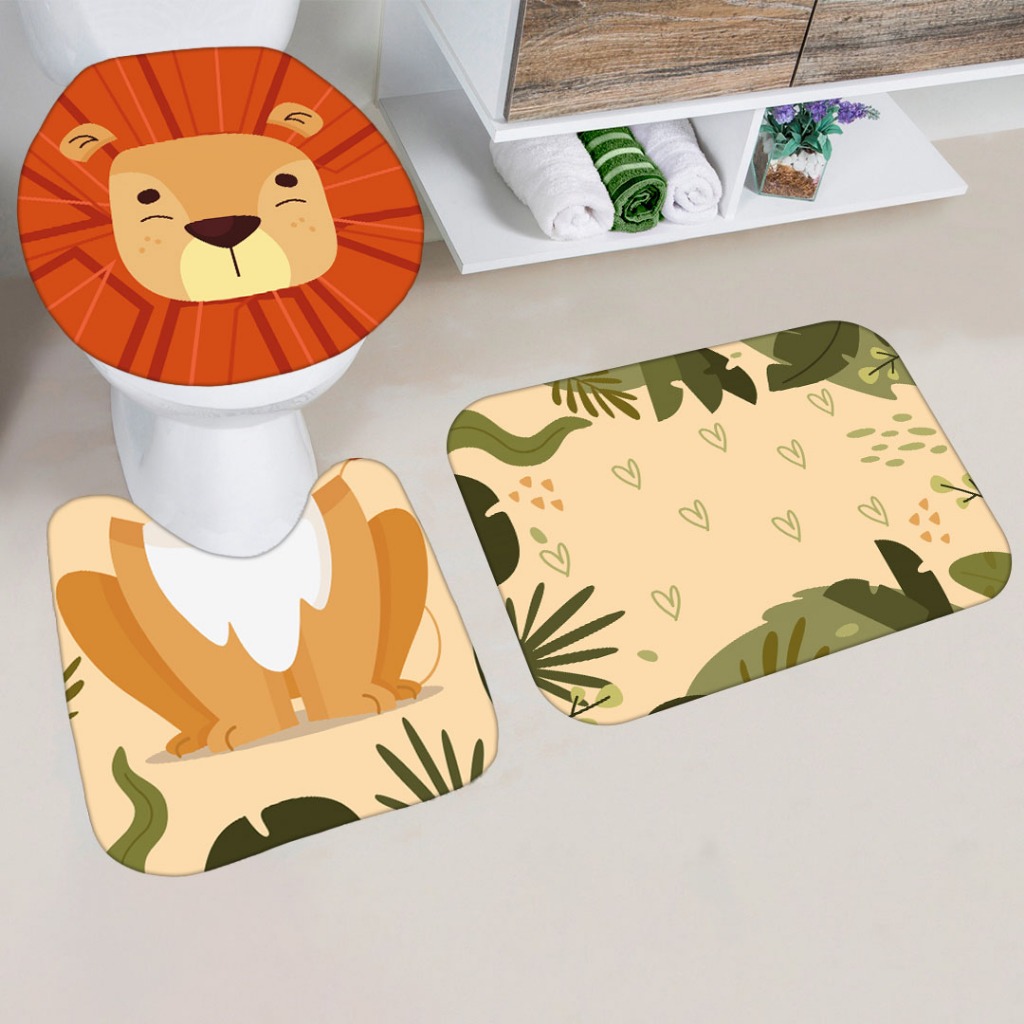 kit Jogo Tapete Banheiro Infantil Estampa Leão Safari Antiderrapante 3 peças em Oferta na Shopee