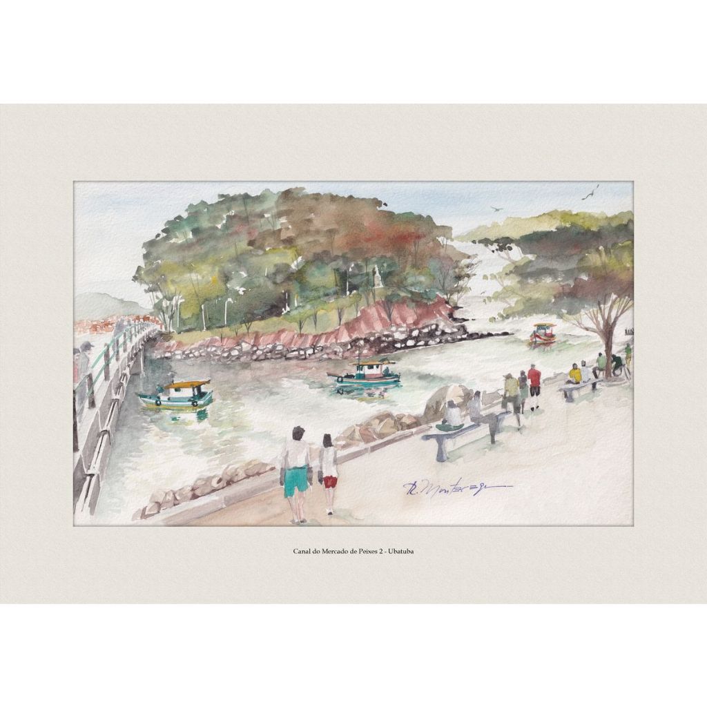 Pintura em Aquarela Canal do Mercado de Peixes 2 - Ubatuba | Quadro Decorativo | A4